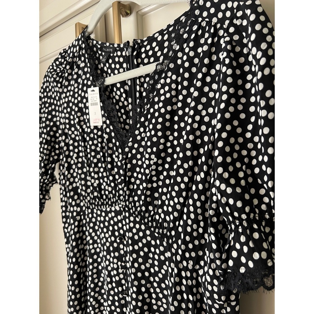 Talbots Polka Dot Lace Trim Midi Dress Black White V-Neck Short Sleeve NWT Sz 2 - Picture 8 of 15
